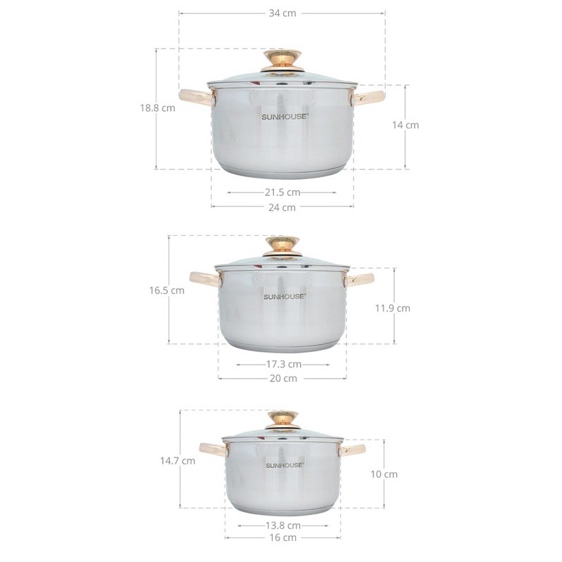 Bộ Nồi SUNHOUSE Inox cao cấp đáy dày 5 Lớp SH781(16-20-24cm) nấu được trên bếp từ