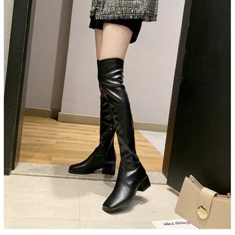 Bốt đùi🥰 boot da ÔM CHÂN KHÔNG TỤT / mõm vuông 😃 giày da trắng độn đế
