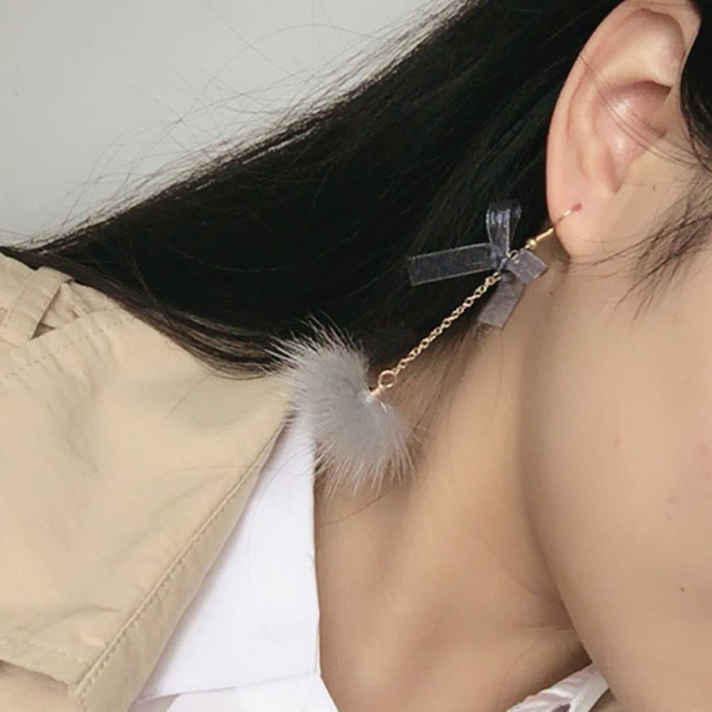 [ xả kho ] Bông tai cục bông dáng dài nơ xinh xắn BT005