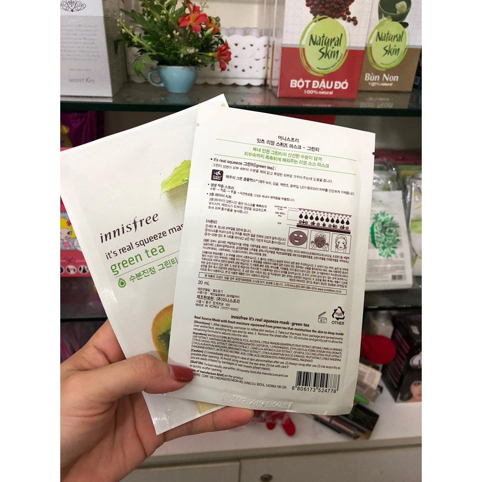 Combo 5 miếng Mặt Nạ giấy Innisfree trà xanh/ dưa leo