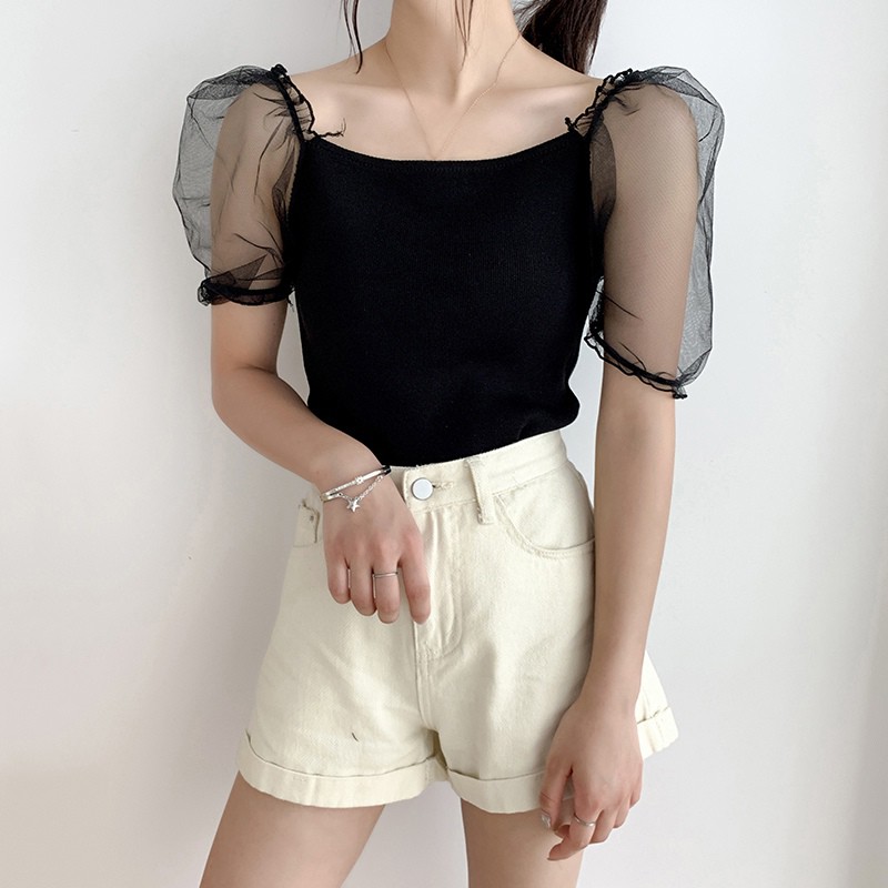 Áo Thun Nữ Tay Ngắn Cổ Chữ U Phối Lưới