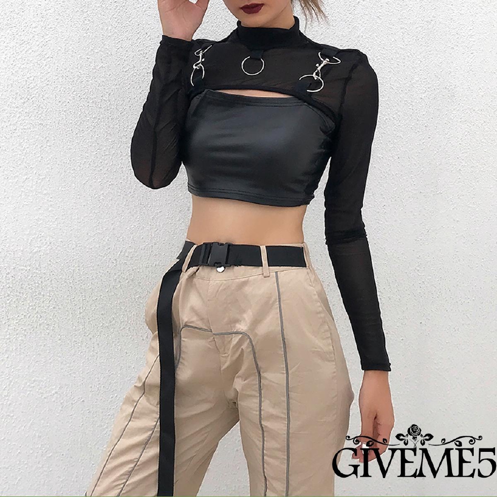 Áo Croptop Tay Dài Phối Lưới Thiết Kế Quyến Rũ Cho Phái Nữ