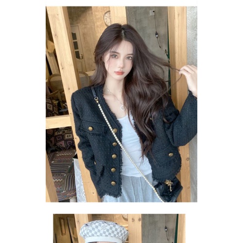 Áo dạ tweed đen cổ tim. Ảnh thật