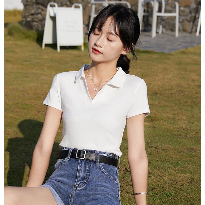 Áo Polo Nữ Cổ V Cộc Tay 🦋 Áo Thun Nữ Cổ Bẻ Chất Borip Gân 2 Màu 🦋