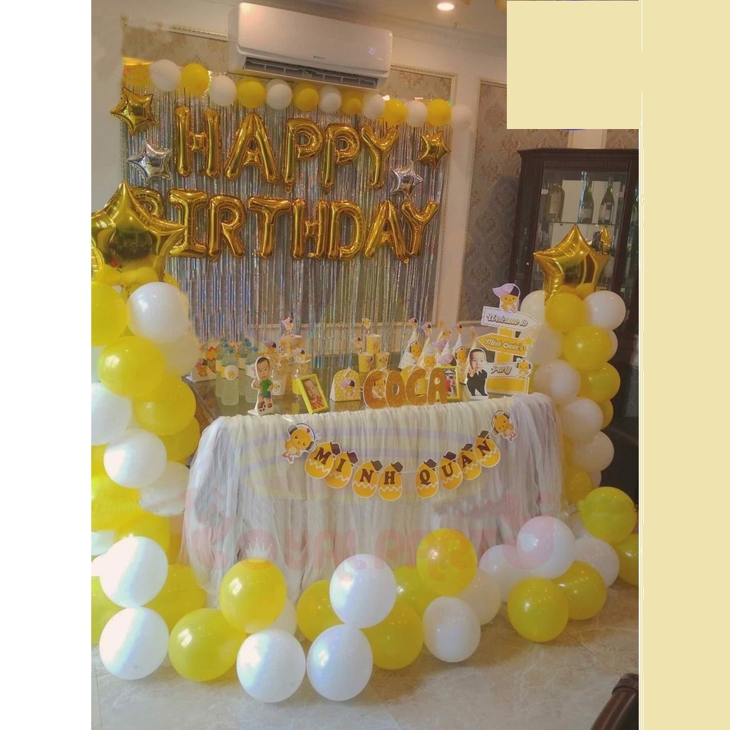 Combo Trang Trí Tiệc Sinh Nhật 2 Rèm Kim Tuyến, Bóng Chữ Happy Birthday và 50 bong bóng tròn+ bóng sao +bơm keo