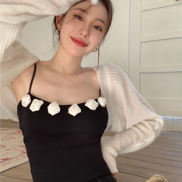 【ZHELIHANGFEI】 / Áo Hai Dây Dệt Kim Họa Tiết Hoa Hồng Ba Chiều Gợi Cảm