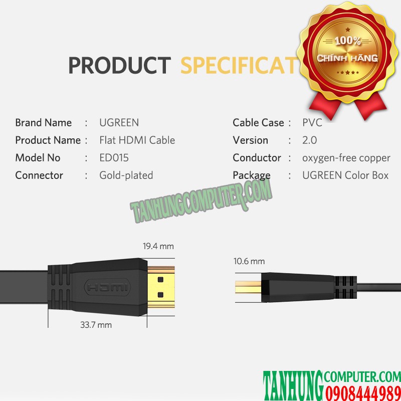 [Mã ELFLASH5 giảm 20K đơn 50K] Cáp HDMI 2.0 Dây Dẹt Ugreen chính hãng 4k x 2k 3D 50819 70159 50820 50821 AD015