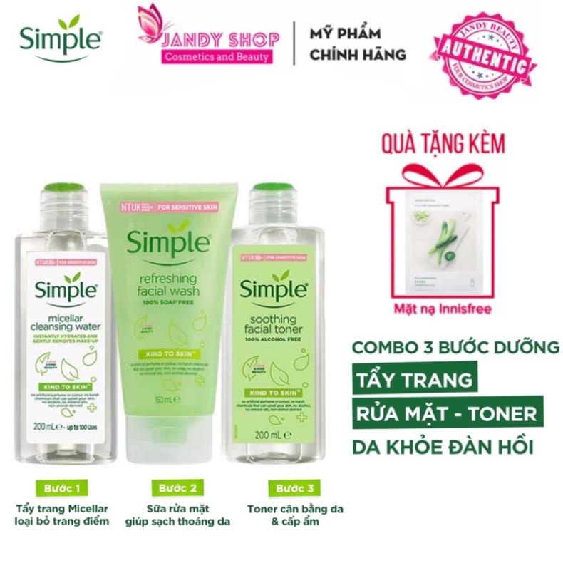 [Kèm quà]Combo Simple sữa rửa mặt + tẩy trang + toner simple chuẩn chính hãng