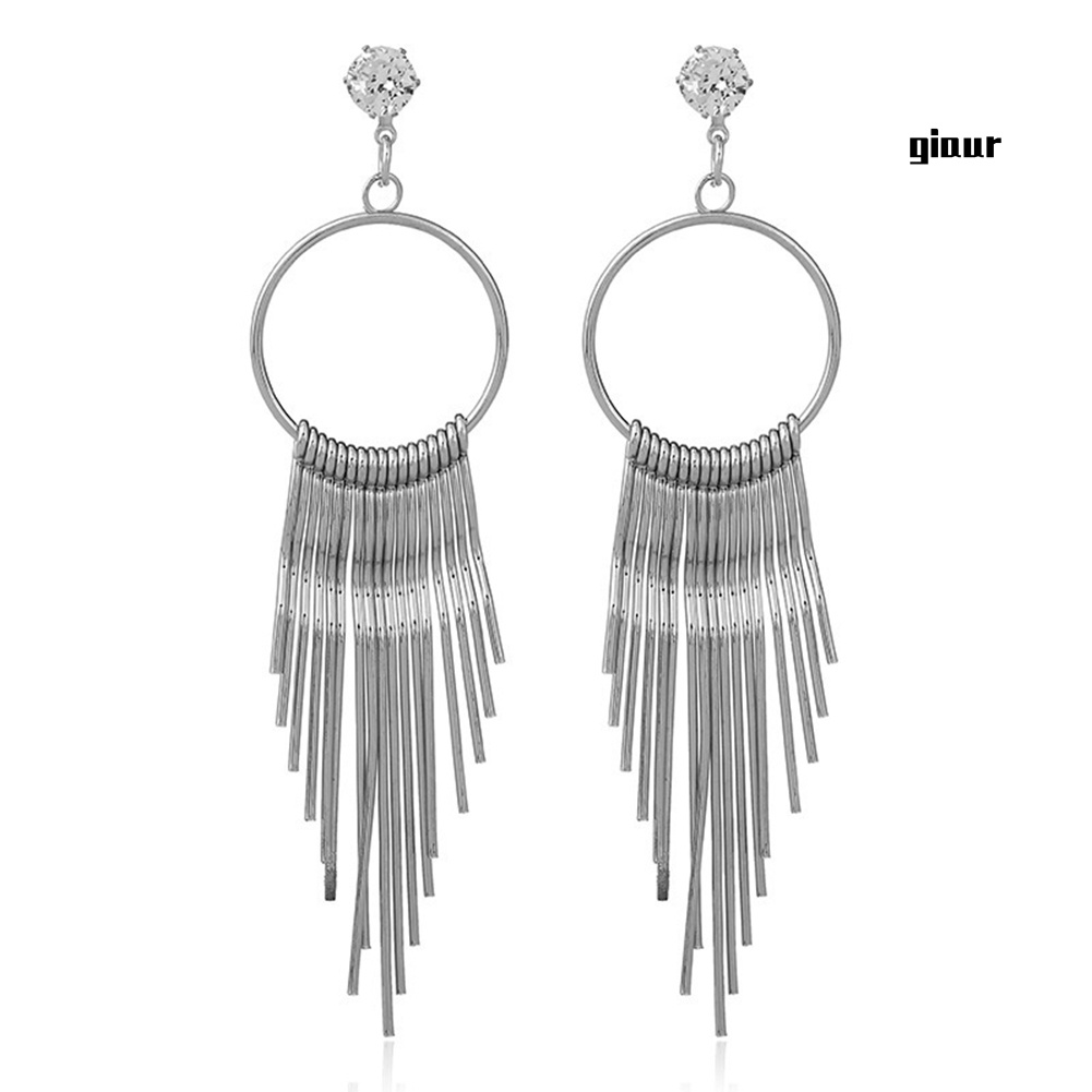 Bông Tai Kim Loại Dáng Dài Chống Dị Ứng Đính Đá Zircon Phối Tua Rua Thời Trang Cho Nữ