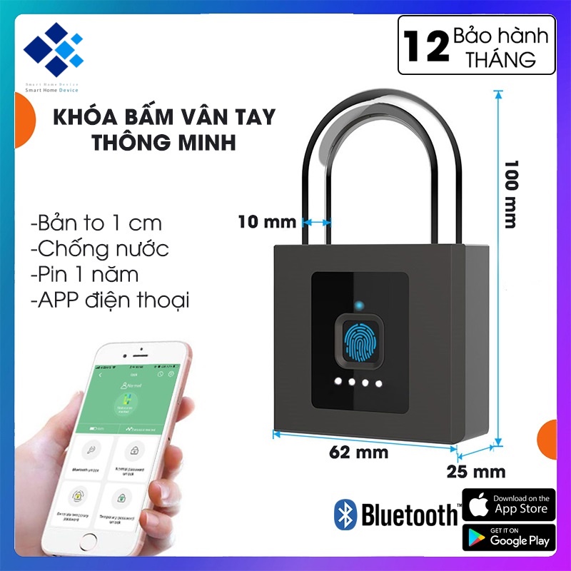 Ổ khóa bấm vân tay, khóa móc vân tay, loại to, chống trộm, chống nước, dùng cho cổng ngoài trời, pin 1 năm, kết nối APP