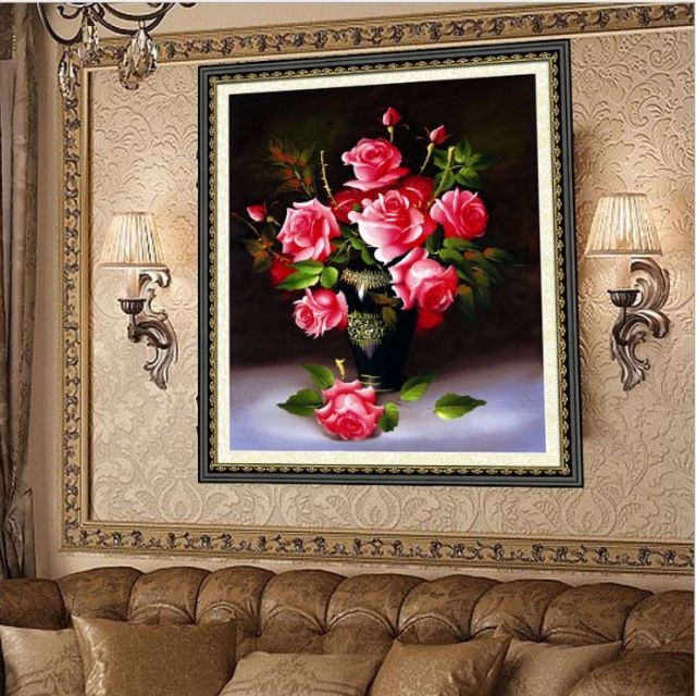 Tranh thêu chữ thập bình hoa hồng thêu kín  hh0738 ( 60x80 )