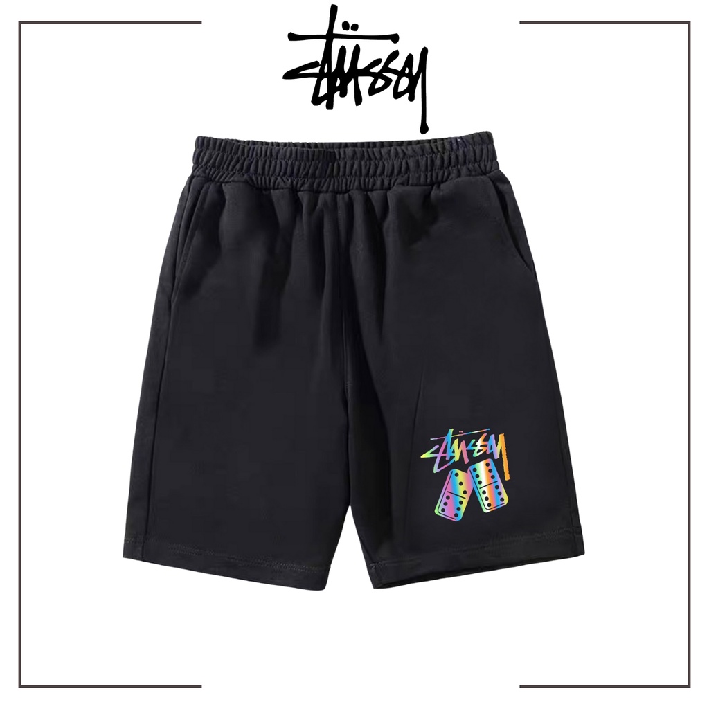 QUẦN Short Stussy Nam Nữ Nam Nữ, Quần đùi  form rộng unisex, lửng cộc ngắn đen chất vải Poly 2 DA, in phản quang đa sắc
