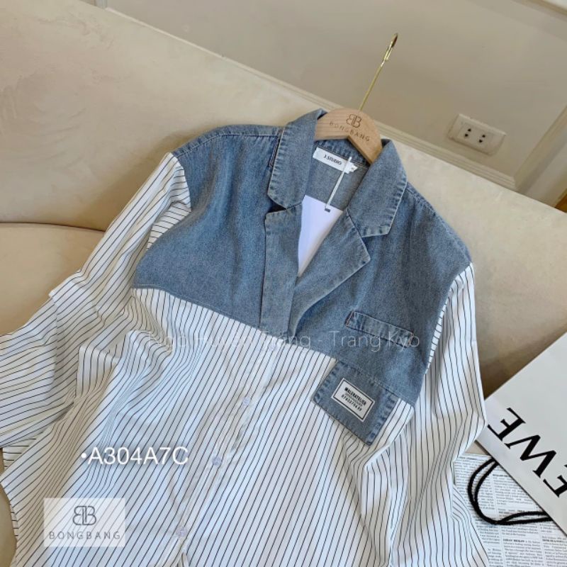 Áo Sơ Mi Sọc Tay Dài Áo Jeans QC Cổ Vest Thêu Logo Dáng dài Form Rộng Giấu Quần