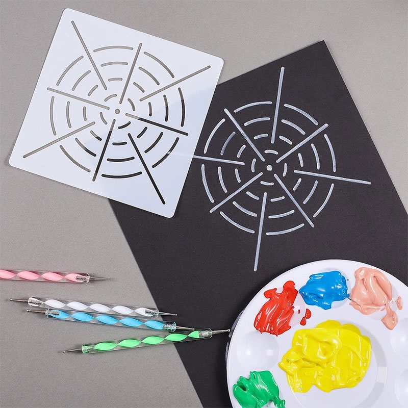 Bộ 18 Dụng Cụ Chấm Bi Nghệ Thuật Mandala Bao Gồm 4 Khuôn Mandala, 8 Thanh Acrylic, Khay 5 Mặt Chấm Bi