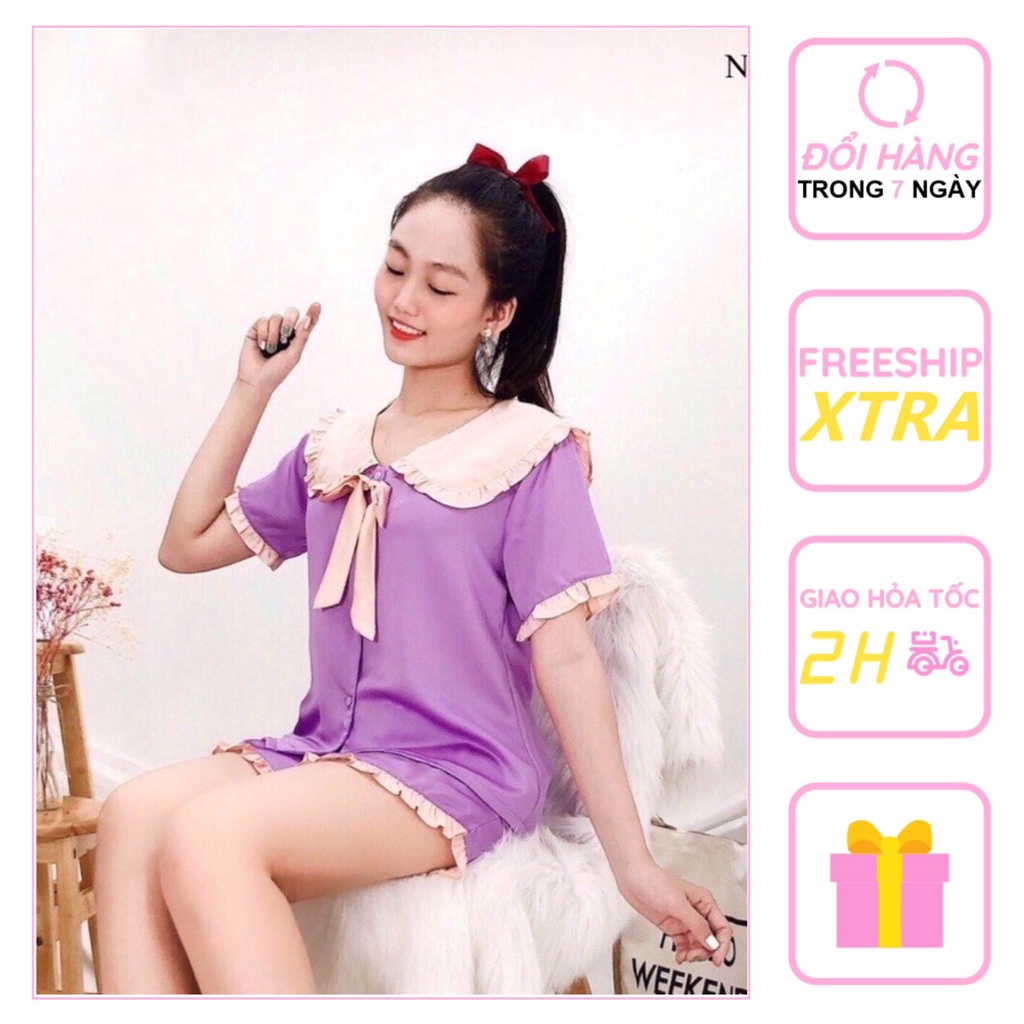 [FREESHIP 50K] Bộ lụa Pijama NHISTORE Bộ Quần Ngắn Tay Ngăn Cổ Phối Bèo Nơ Dễ Thương Freesize 45-58kg