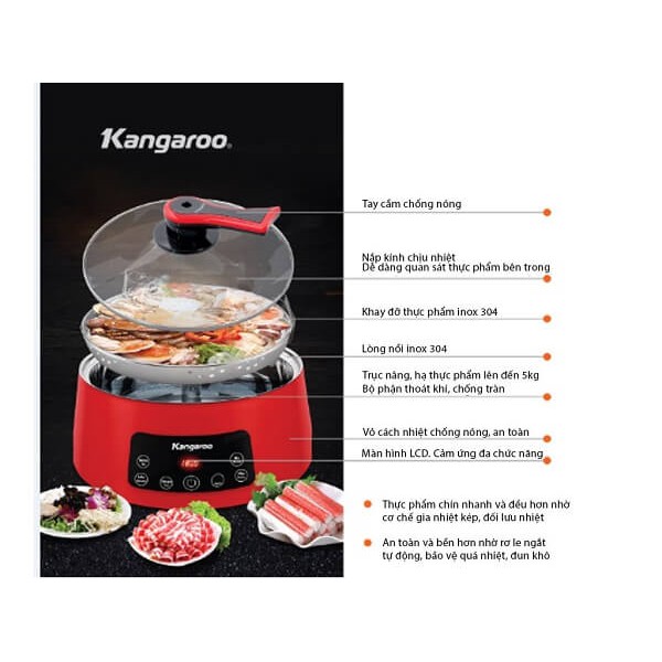 Nồi lẩu đa năng Kangaroo KG278 và KG279 - nồi lẩu điện thang máy 5L - inox 304 - 2 lớp - sơn chịu nhiệt