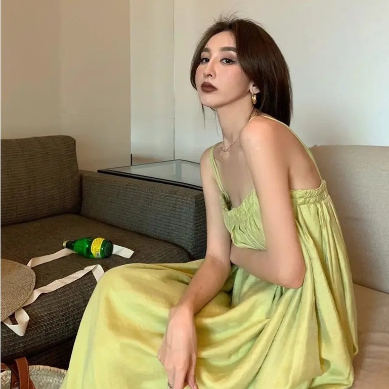 [MURIOKI] Đầm Hai Dây Phồng Màu Xanh Lá Phong Cách Pháp Thời Trang Cho Nữ