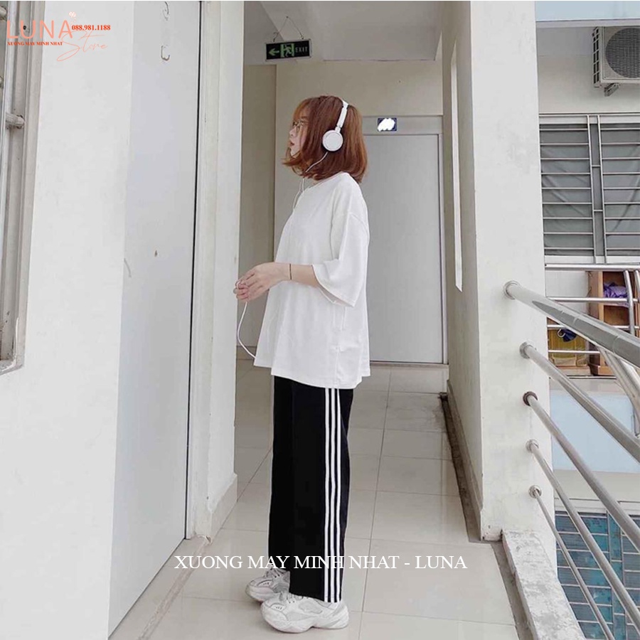 Quần thể thao 3 sọc nữ ống rộng viền kẻ sọc trắng có dây rút kéo - Quần thể thao ống suông dài nữ vải mềm đi học thể dục