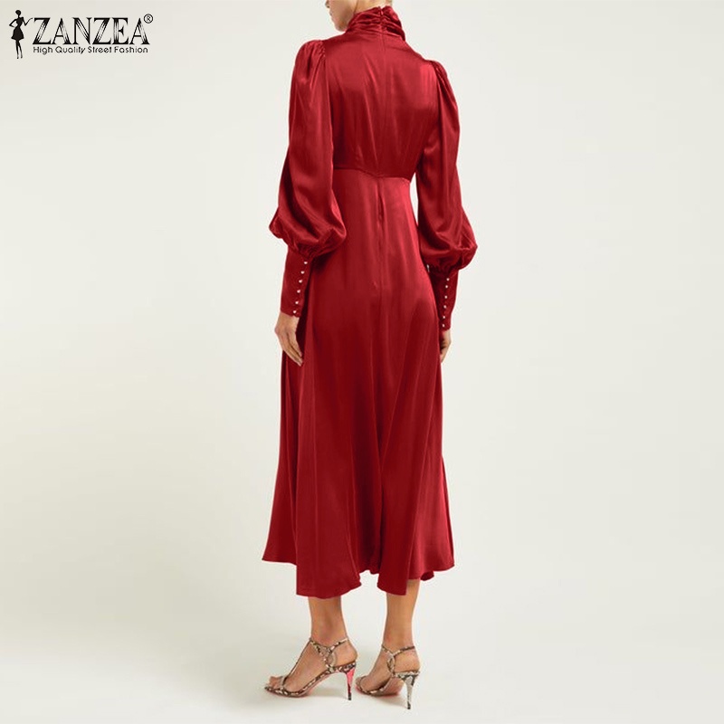 Đầm nữ ZANZEA bằng vải satin dáng dài tay dài dạng bồng có cổ áo cài nút