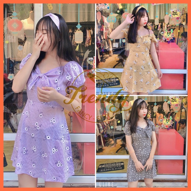 Váy caro hoa nhí tặng kèm turban style dễ thương kẹo ngọt ( ảnh thật)