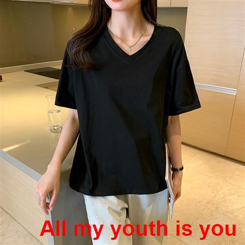 [Spot real shot 💕]Áo    Spring 2021 new black T-shirt ladies short sleeve V-neck white loose heart bottoming shirt women pure cotton top