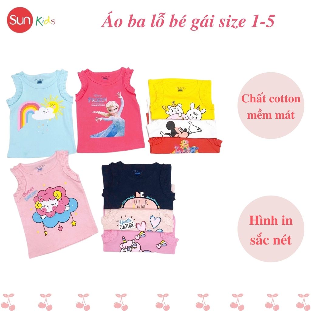 Áo thun bé gái, áo phông bé gái dáng ba lỗ, chất cotton, nhiều màu, size 1-5 - SUNKIDS