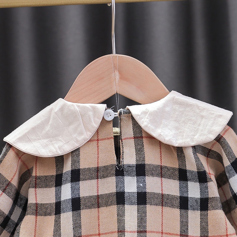 Đầm   tay dài cổ búp bê họa tiết sọc caro với gấu trang trí dành cho bé gái 0-4 tuổi