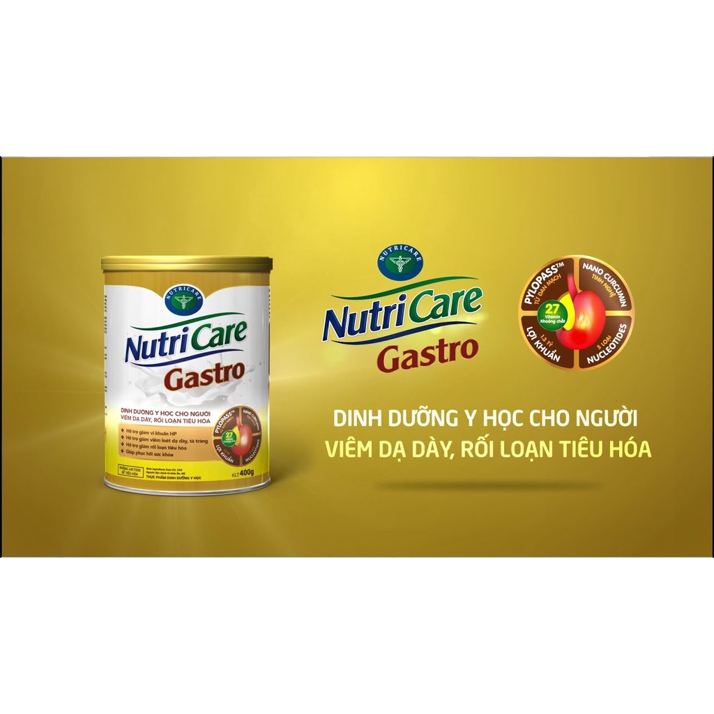 Sữa bột Nutricare Gastro cho người Viêm dạ dày, rối loạn tiêu hóa, giúp phục hồi niêm mạc (Lon 400g)