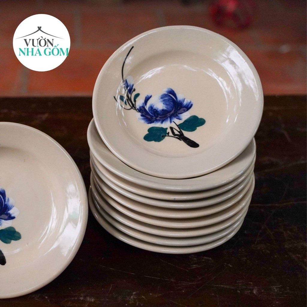 Set 5 dĩa vẽ bông màu xanh, Dĩa gốm chất lượng- nhỏ bông xanh- VƯờn Nhà Gốm