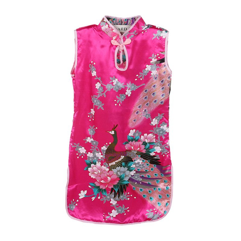 Đầm Sườn Xám Sát Nách Hoạ Tiết Chim Công Phong Cách Trung Hoa Cho Bé 3-10 Tuổi