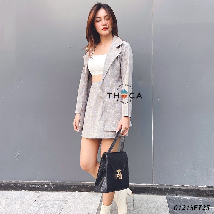 Set khoác vest blazer tay dài 2 túi phối chân váy ngắn caro THOCA HOUSE basic thanh lịch, phù hợp đi làm, đi công tác | BigBuy360 - bigbuy360.vn