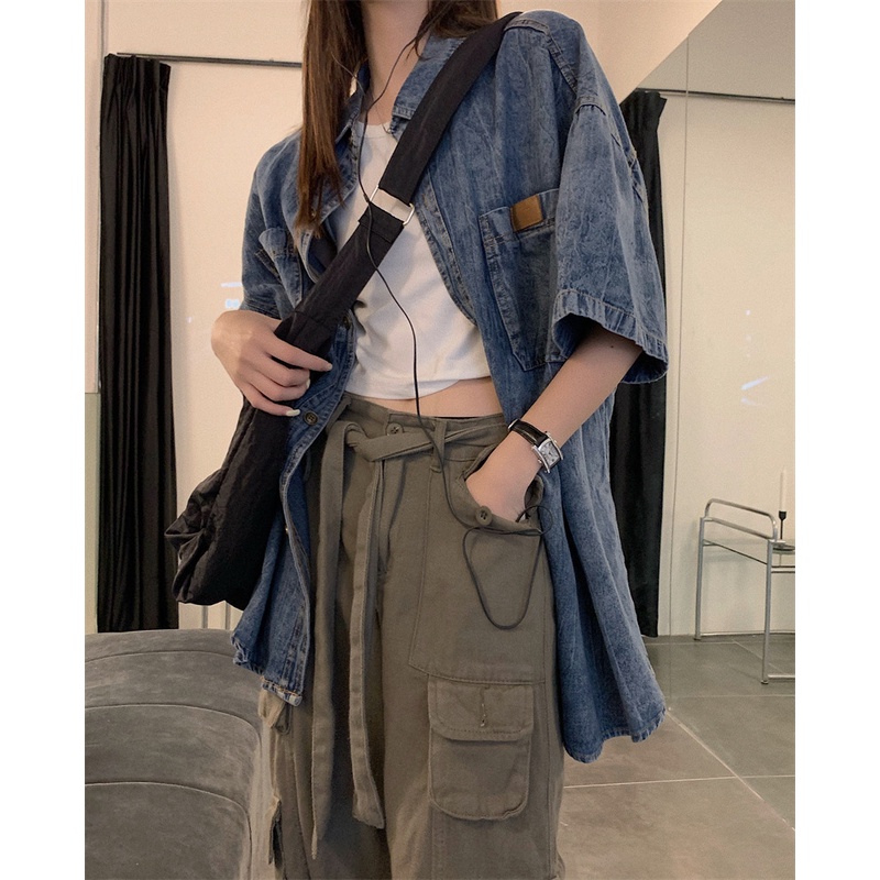 Áo Sơ Mi denim Tay Ngắn Dáng Rộng Thời Trang Mùa Hè Phong Cách Hàn Quốc Cho Nữ