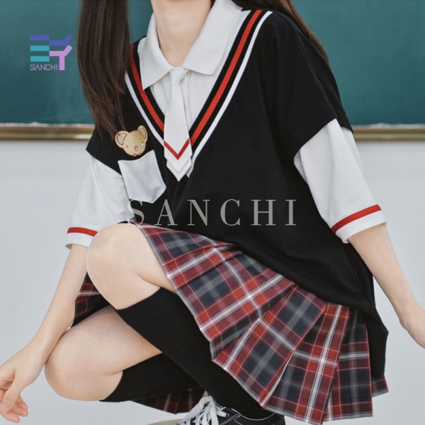 SANCHI Sportswear Set Includes Fake Two-Piece T-shirt Summer Fashion Shorts Women loose Plaid pleated skirt