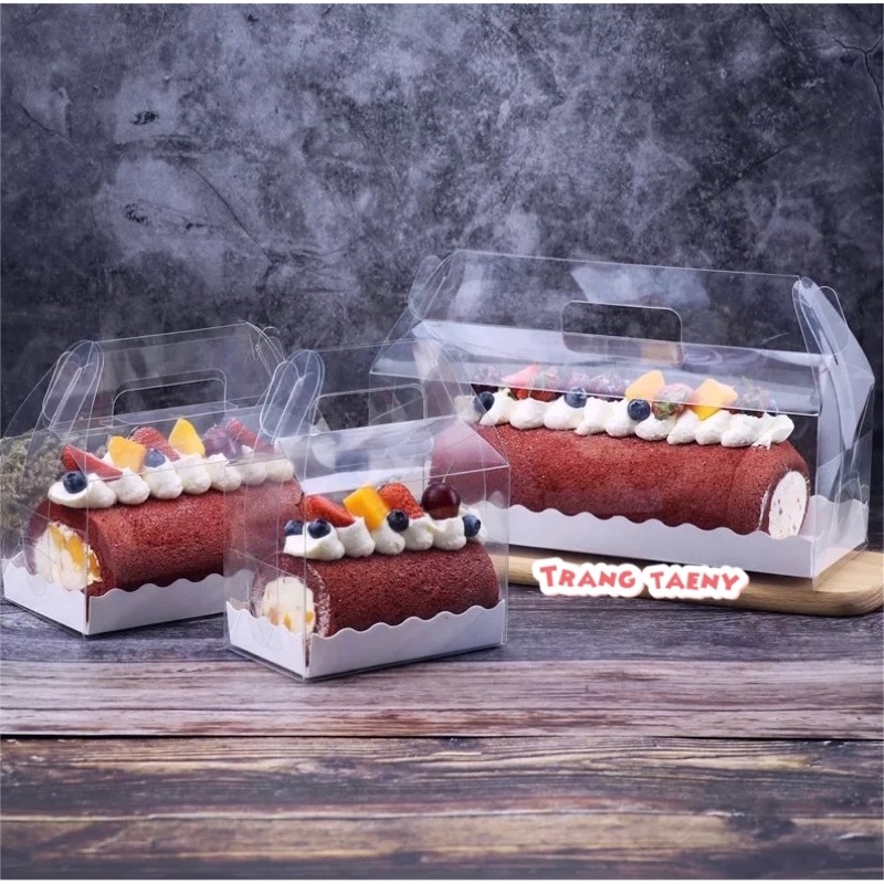 Hộp mica đế trắng đựng bánh có tay cầm các cỡ
