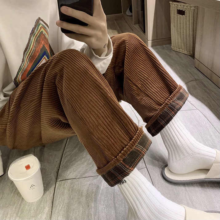 QUẦN NHUNG TĂM DÀI ỐNG RỘNG UNISEX / NAM / NỮ DÁNG DÀI CULOTTES LƯNG THUN DÂY RÚT / LAI LẬT PHỐI CARO