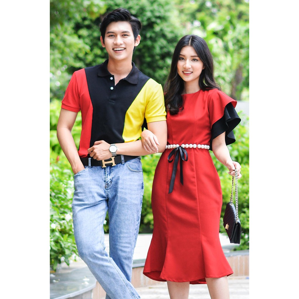 Đầm Cascade Sleeve Pearl Belt mixed Black Red Dress HAVIAS