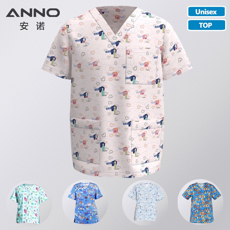 Y tế vải tẩy tế bào chết Tops Nuse áo sơ mi thẩm mỹ viện SPA làm việc mặc đồng phục bệnh viện cho unisex phim hoạt hình in điều dưỡng phẫu thuật phẫu thuật phù hợp cho phụ nữ nam