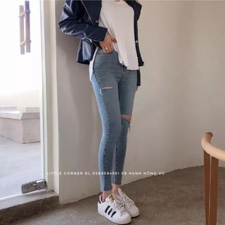 Quần Bò Jean Co Dãn Lưng Cao Rách Bên Đùi Vải Mềm GB18 Pingpoongza
