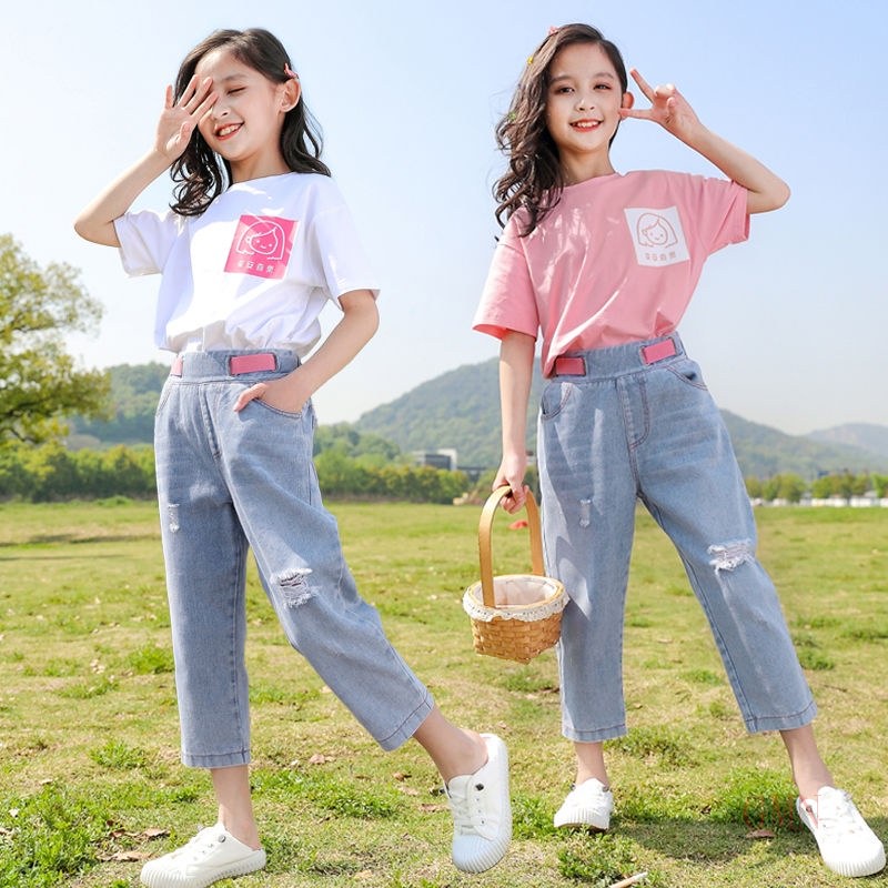 Set Áo Thun Ngắn Tay + Quần Jean Dài Thời Trang Mùa Hè Cho Bé Gái