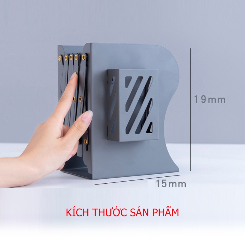 Kệ chặn sách để bàn co giãn giá chặn sách kim loại 3 ngăn kèm hộp bút ZM BKD312