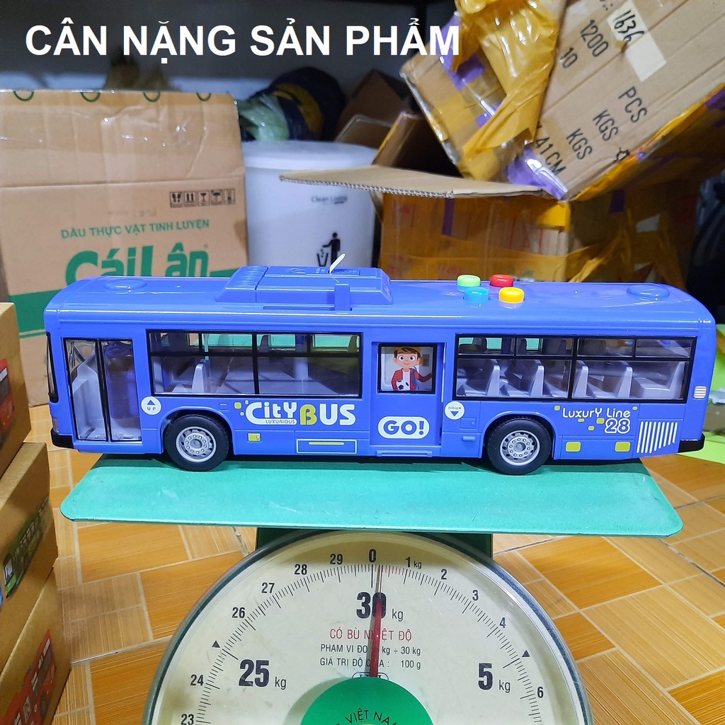 Mô hình xe ô tô buýt cỡ lớn bằng nhựa đồ chơi trẻ em xe có âm thanh và đèn mở được cửa