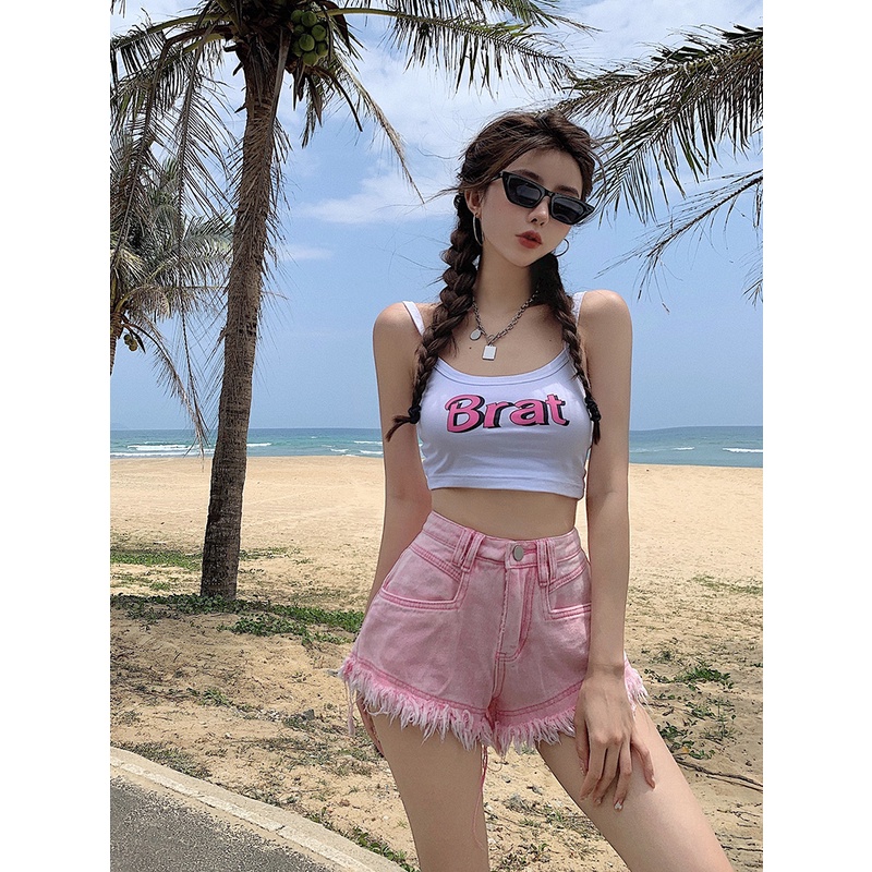 Quần Short Denim Lưng Cao Phối Tua Rua Thời Trang Mùa Hè