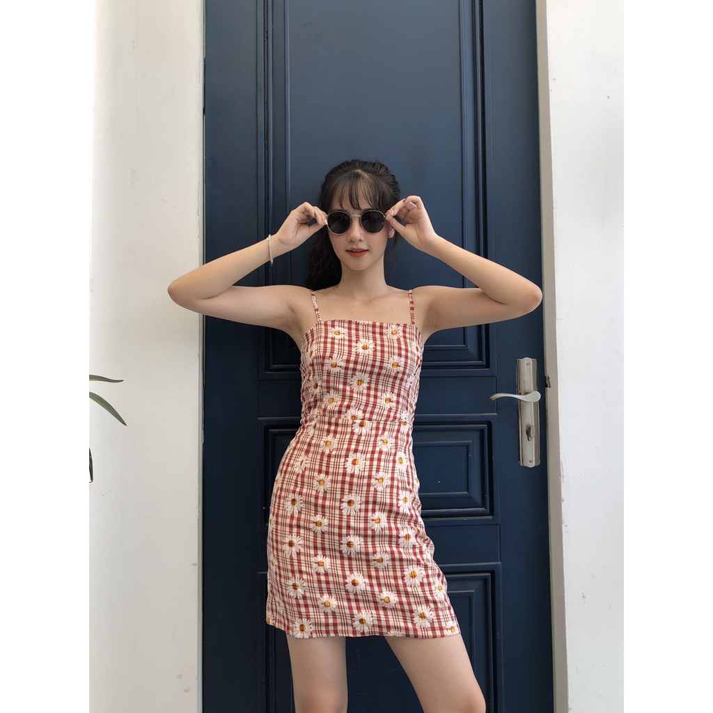 Váy 2 dây hoa cúc kẻ caro body - Đầm 2s cotton thô mềm dáng suông ôm lưng chun khóa kéo bánh bèo tiểu thư nữ | BigBuy360 - bigbuy360.vn