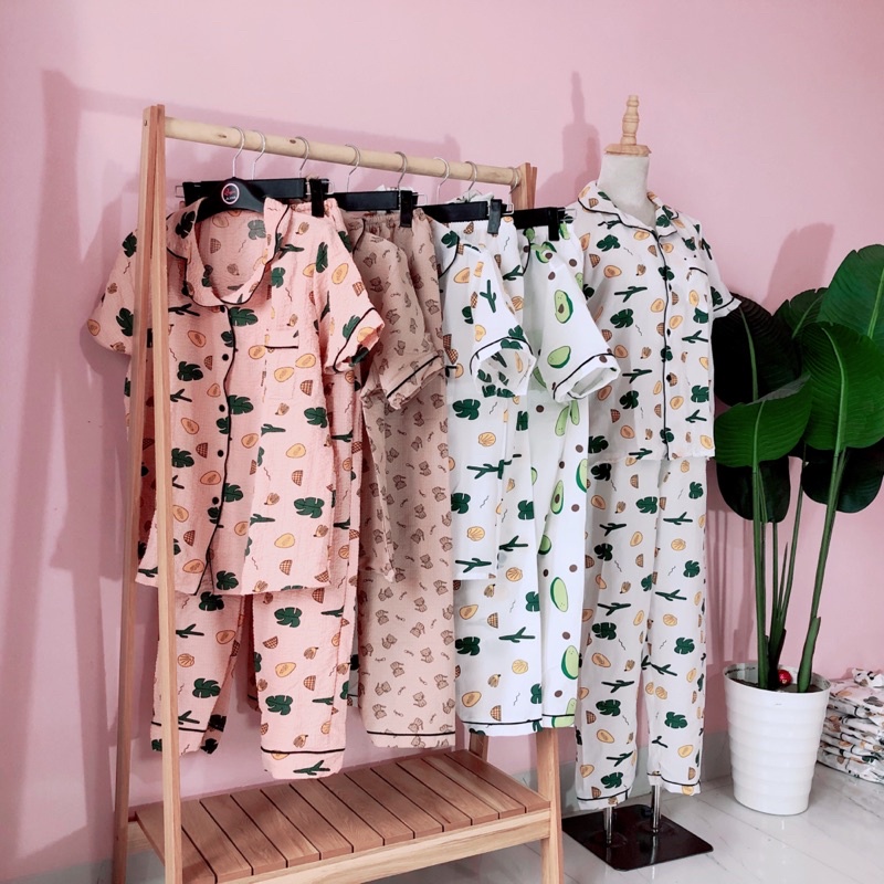 Bộ mặc nhà nữ đẹp, Áo cộc quần dài, chất đũi xốp mềm mát, kiểu dáng dễ thương, đường may kỹ