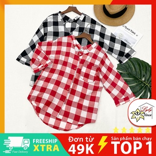 Áo sơ mi nữ công sở kiểu form rộng họa tiết caro vải linen cao cấp nhiều size