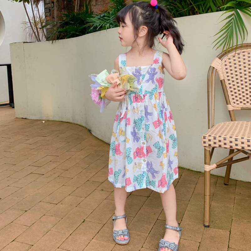 Đầm hai dây họa tiết hoa cổ vuông phong cách hàn quốc thời trang mùa hè cho bé gái 1-6 tuổi se7en