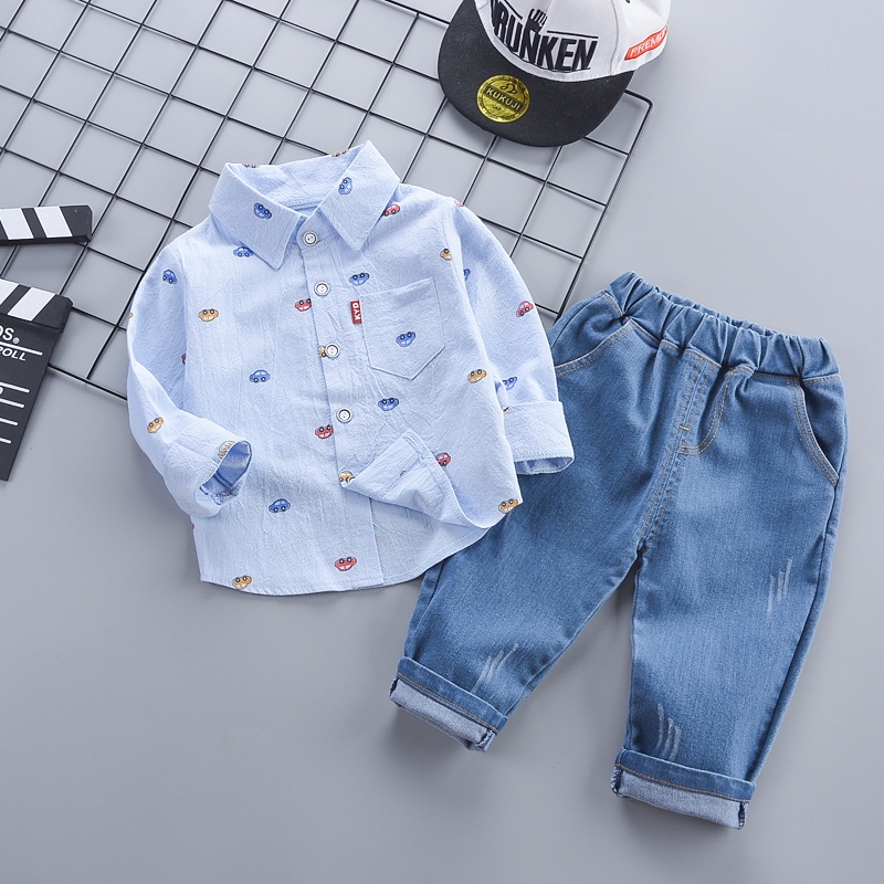 Set Áo Sơ Mi Cổ Bẻ + Quần Jeans Ống Rộng Phong Cách Hàn Quốc Cho Bé 0-6 Tuổi
