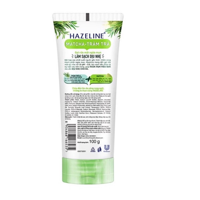 Sữa Rửa Mặt Dạng Gel Matcha Tràm Trà Ngừa Mụn Dịu Nhẹ HAZELINE 100Gr, 50g