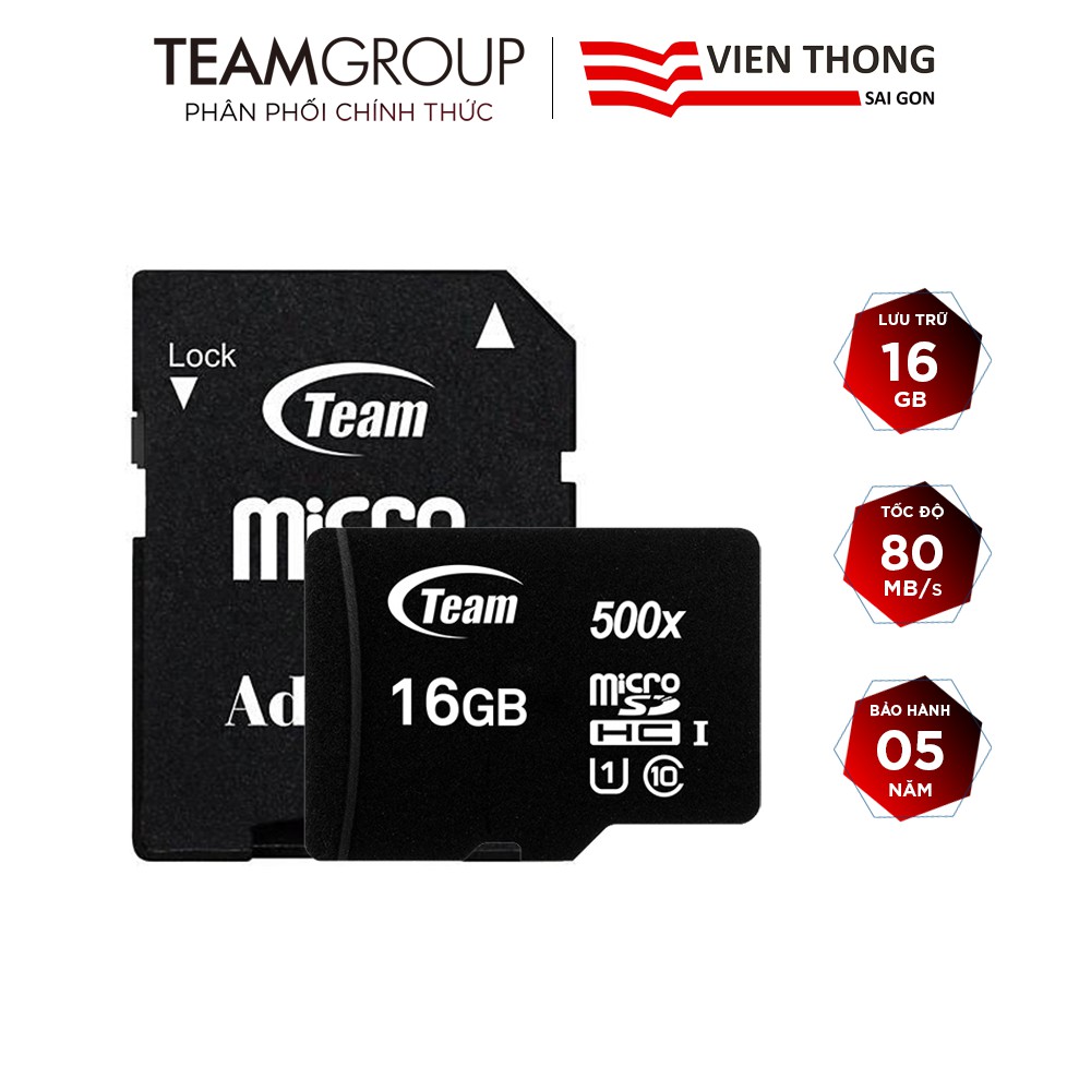 Thẻ nhớ micro SDHC Team 16GB upto 80MB/s 500x class 10 U1 kèm Adapter (Đen)