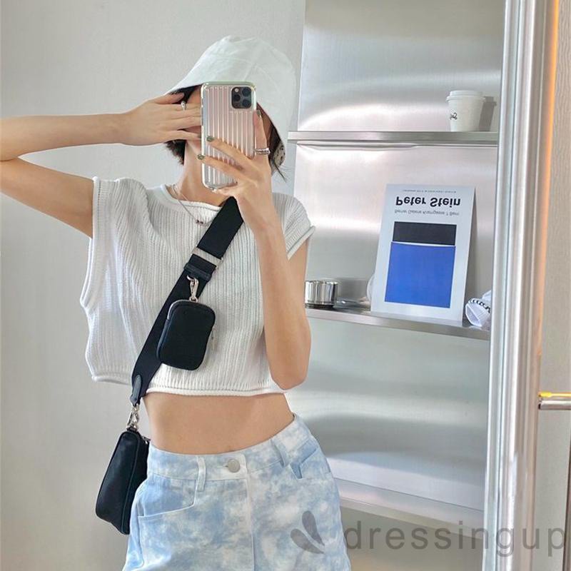 Áo Croptop Dệt Kim Không Tay Màu Sắc Đơn Giản Cho Nữ